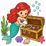 Cheerful Mermaid with Treasure Chest 🧜‍♀️💎✨ Colored Example