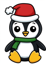 Cheerful Penguin Wearing a Christmas Hat and Green Scarf 🐧🎅🎄 Colored Example