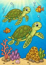 Cute Sea Turtle Friends Swimming with Fish 🐢🐠🌊 Colored Example