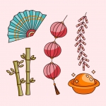 Chinese New Year Festival Elements: Folding Fan, Bamboo, Lanterns, Firecrackers and Gold Bowl 🎉🏮🎆 Colored Example