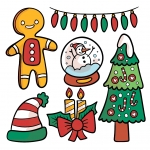Christmas Elements: Tree, Gingerbread Man, Snowglobe, Candles, Hat, Lights 🎄⛄🎅 Colored Example