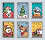 Christmas Stamps: Santa, Christmas Tree, Snow Globe, Penguin, Deer, Cup of Tea ✉️🎅🐧 Colored Example