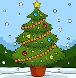 Christmas Tree in a Snow Landscape, Decorated with Baubles, Tinsel Garlands, and Stars, with Snow Falling 🎄❄️🌟 Colored Example