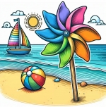Colorful Pinwheel on Beach with Ball and Sailboat ⛵🌞 Colored Example