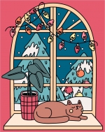 Cozy Cat by the Window with Christmas Lights, Snowy View, and Potted Plant 🐱🎄❄️🌱 Colored Example