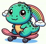 Cute Baby Dino Sitting on Skateboard with Rainbow behind 🦕🛹🌈 Colored Example