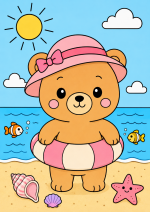 Cute Bear with Swim Ring at the Beach 🐻🏖️☀️ Colored Example