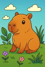Cute Capibara Sitting in Grass with Flowers 🌸🌿🐹 Colored Example