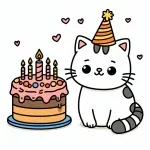 Cute Cat with Birthday Cake (5 candles) and Party Hat  🐱🎂🎉 Colored Example