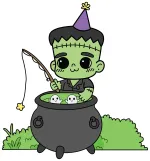 Cute Frankenstein Fishing for Spookies in a Soup Pot 🎣👻🍲 Colored Example