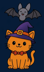 Cute Halloween Cat with a Bat and Witch Hat 🐱🦇🎃 Colored Example