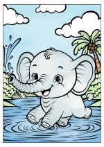 Cute Happy Elephant Running in Lake Splashing Water 🐘💦🌴 Colored Example