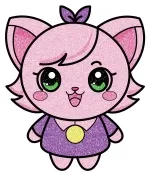 Cute Kitty Character with Big Eyes, Dress, and Bow Smiling 😺🎀👗✨😊 Colored Example