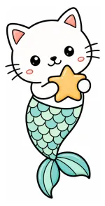 Cute Mermaid Kitten Holding Star Cartoon 🐱🧜‍♀️✨ Colored Example