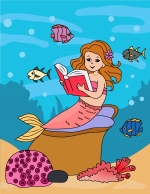 Cute Mermaid Reading a Book Sitting on a Chair Couch surrounded by Fish and Coral 📖🧜‍♀️ Colored Example