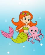 Cute Mermaid with Little Octopus Smiling and Swimming surrounded by Bubbles 🧜‍♀️🐙🌊😊 Colored Example