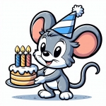Cute Mouse Holding Birthday Cake with Three Candles on Plate 🐭🎂🎉 Colored Example