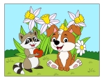 Cute Raccoon with Apple and Happy Puppy Sitting Among Daffodils and Daisies in a Garden 🐶🍎🌼🌸🦝 Colored Example