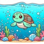 Cute Turtle Swimming in the Sea with Coral 🐢🌊🐠 Colored Example