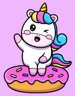 Cute Unicorn Girl Sitting on Doughnut Waving 🍩🦄🌈✨ Colored Example