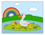 Duck and Ducklings on Island by River with Rainbow 🦆🌈🐣 Colored Example