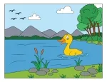 Duck Swimming in a Lake Surrounded by Mountains and Trees 🦆🏞️🌲💧 Colored Example