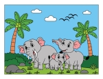 Elephant Family in a Tropical Landscape with Palm Trees and Birds 🐘🌴 Colored Example