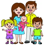 Family of Five with Smiling Faces 😊👶👦👧 Colored Example