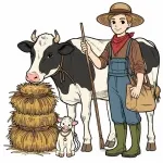 Farmer Standing Next to Cow with Baby Calf 🚜👨🐄🌾🐮👶🐮🌾 Colored Example