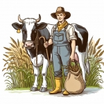Farmer Standing Next to Cow with Bag of Wheat on Field 🐄👦🌾 Colored Example