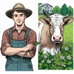 Farmer Standing Next to Cow with Leaf on Field with Flowers 🐄👨🌱🌸 Colored Example