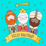 Feliz Navidad Reyes Magos Three Wise Men Surrounded by Stars and One Shooting Star 🌟🎇🎉🎁 Colored Example