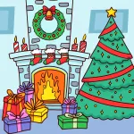 A cozy Christmas scene with a fireplace, stockings, and wrapped gifts 🎄🎁🔥 Colored Example