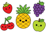 Five Happy Fruits with Cute Faces 🍓🍍🍇 Colored Example
