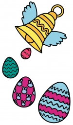 Flying Easter Bell with Wings Drops Decorated Easter Eggs with Various Patterns 🔔🥚🌈✨ Colored Example