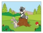 Forest Friends Playing on a Tree Stump in a Peaceful Meadow 🌳🐇🍄🦝🌼 Colored Example