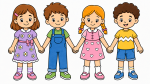Four Happy Children Holding Hands 👧👦👧👦 Colored Example