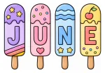 Four Popsicles with Letters of the Month June and Cute Decorations 🍦🍒 Colored Example