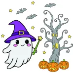 Friendly Ghost Witch with Spooky Tree and Pumpkins 👻🎃🌳 Colored Example