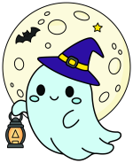 Friendly Ghost with Lantern and Hat Flying by the Moon 👻🌙💡 Colored Example