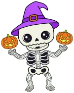 A friendly skeleton with a witch hat and pumpkins 🎃👻🎃 Colored Example