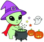 Friendly Alien Witch Cooking Magic Potion with Pumpkins 🎃🔮👻 Colored Example