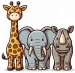 Front View of Cute Giraffe Elephant & Rhino Standing next to Eachother 🦒🐘🦏 Colored Example