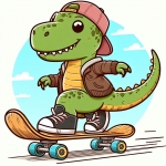 Funny Dinosaur on Skateboard wearing Baseball Cap and Jacket 🦖🛹🧢🧥 Colored Example