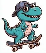 Funny Dinosaur on Skateboard wearing Baseball Cap and Glasses 🦖🛹🧢🕶️ Colored Example