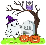 A Spooky Halloween Scene with a Ghost, Owl, and Pumpkins 👻🦉🎃💀 Colored Example