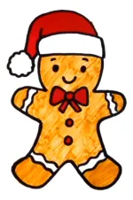 A cheerful gingerbread man wearing a Santa hat and a red bowtie 🎅🍪🎄 Colored Example