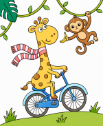 Giraffe Riding a Bicycle with a Monkey and Banana 🐒🍌🚲 Colored Example