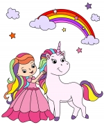 Adorable Girl and Her Magical Unicorn Friend Under a Sparkling Rainbow in a Fantasy Wonderland 🌈🦄✨💖 Colored Example