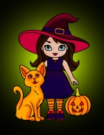 Girl Witch Hat Cat Pumpkin Halloween Costume 🎃🧙‍♀️🐱 Colored Example